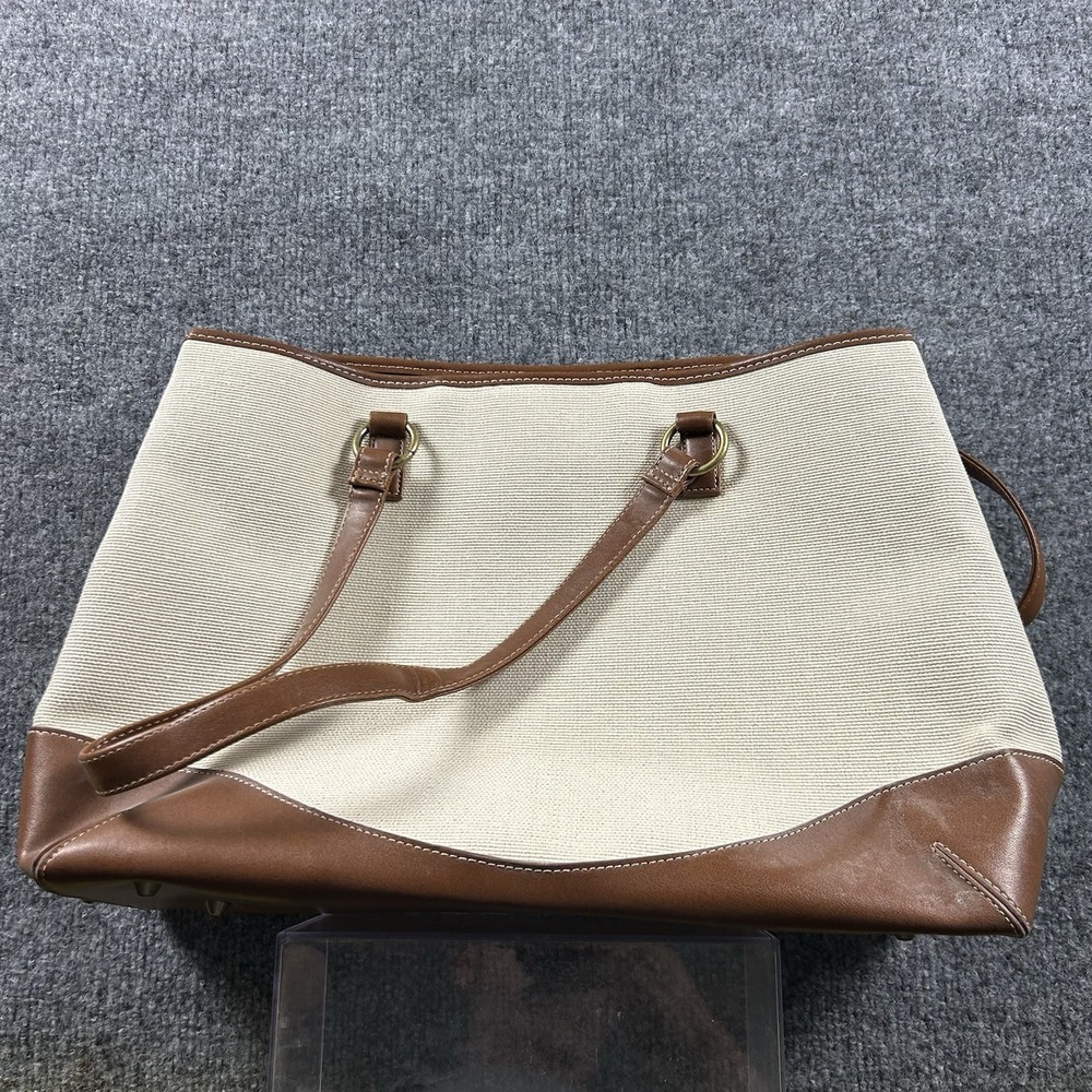 Coldwater Creek Canvas Tote Bag Cream Brown Trim Shoulder Purse 15in